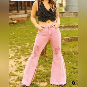 Pink Stone Distressed HighWaist Tummy Control Flare Leg Jeans TALL GIRL FRIENDLY